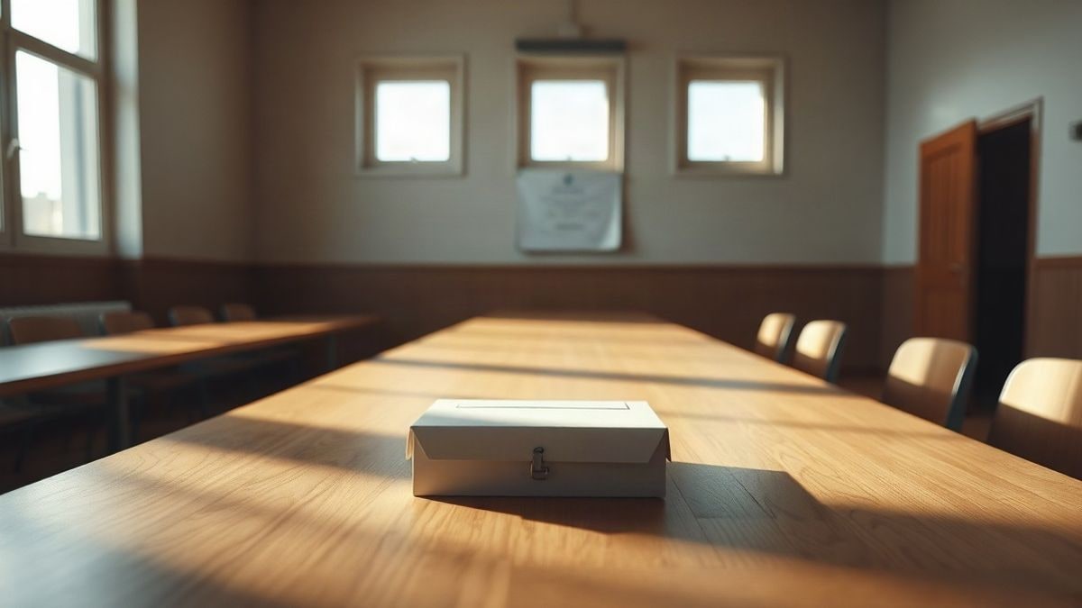 Illustrative image: a white envelope on a wooden table in an empty room with natural window light