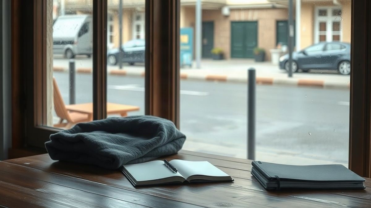 Illustrative image: wooden table by a window with raindrops and soft side light