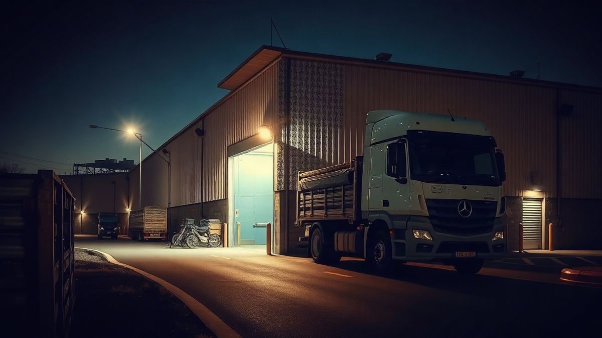 Imagen ilustrativa: nave industrial genérica de noche con un camión en el muelle de carga