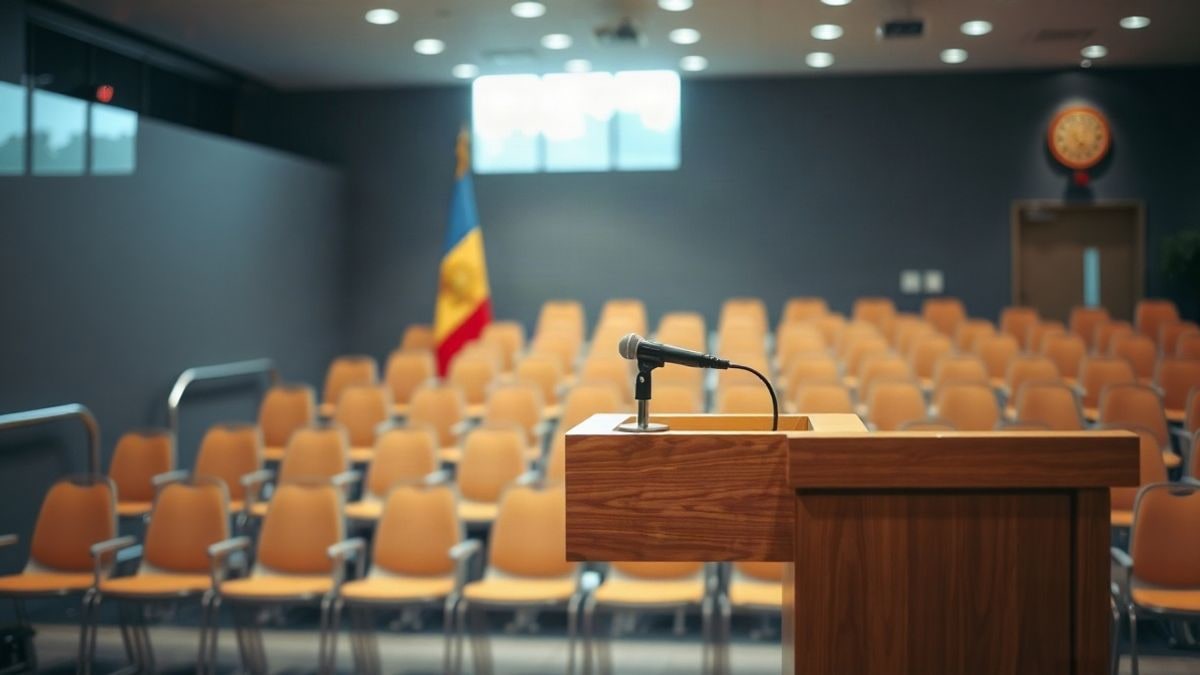 Illustrative image: empty press room with podium and microphone in the foreground