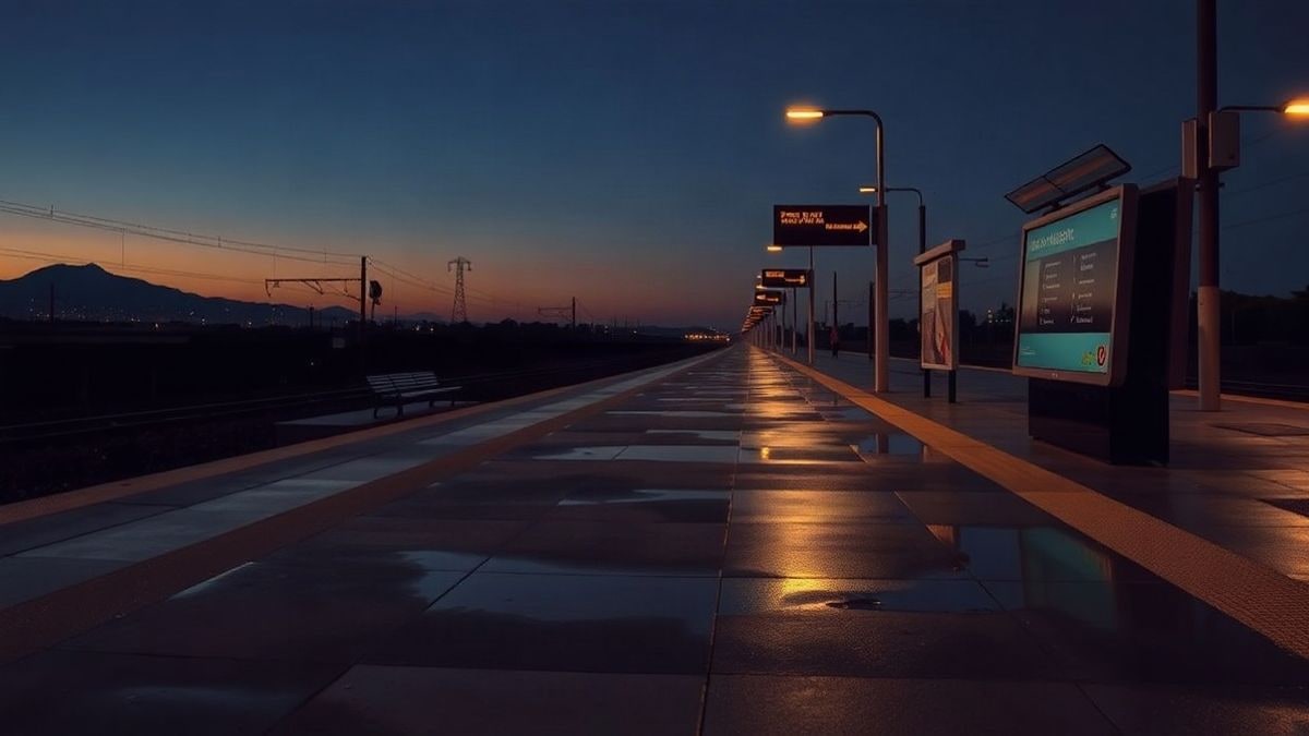 Illustrative image: empty train platform at sunset with wet ground and a small figure walking away