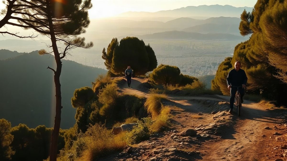 Imagen ilustrativa: sendero de montaña entre bosque mediterráneo con vistas lejanas a la ciudad