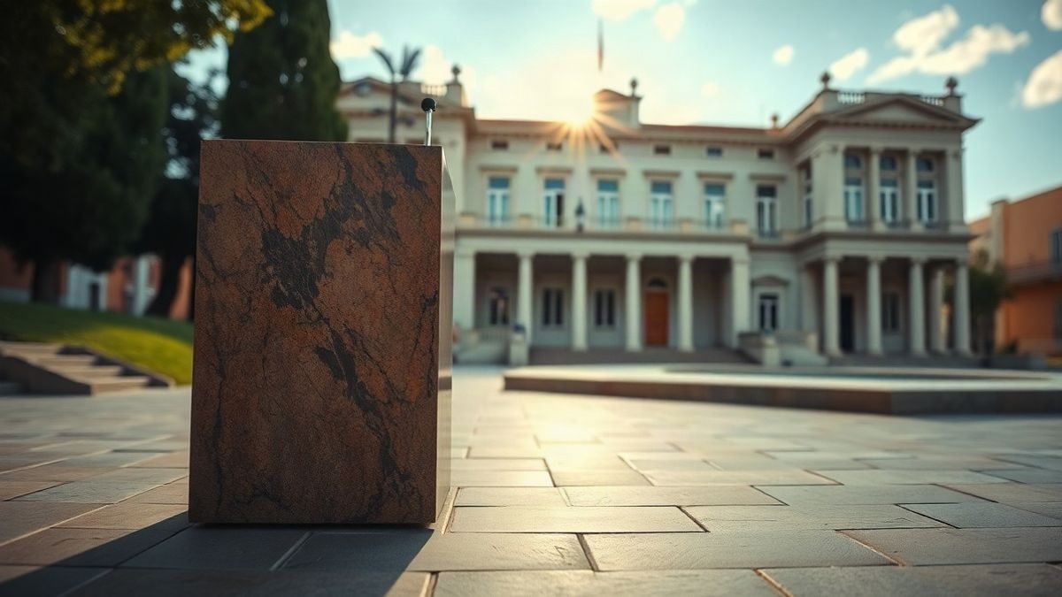 Illustrative image: empty lectern in an institutional square with clear sky at sunset