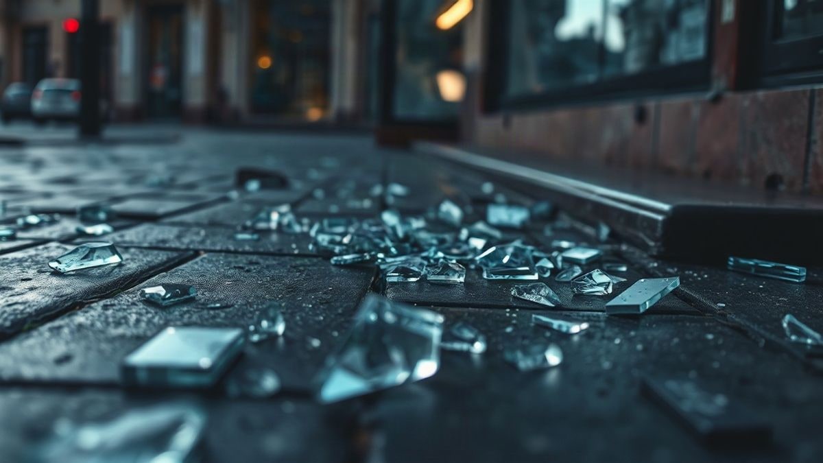 Imagen ilustrativa: fragmentos de cristal roto sobre un pavimento urbano mojado al atardecer
