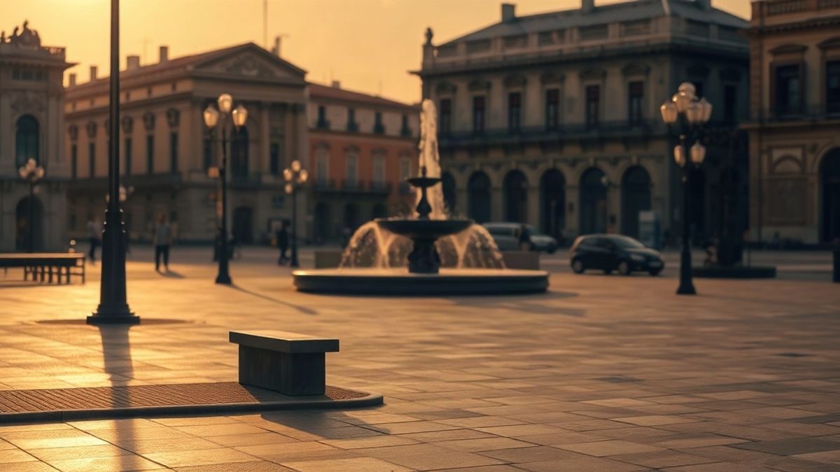 Imagen ilustrativa: una plaza urbana vacía al atardecer, con un banco de piedra y una fuente en primer plano