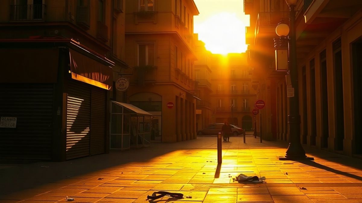 Imagen ilustrativa: una plaza urbana vacía al atardecer con sombras largas y un escaparate cerrado