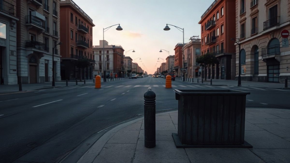 Imagen ilustrativa: avenida urbana vacía al atardecer con barreras metálicas y una papelera quemada en primer plano