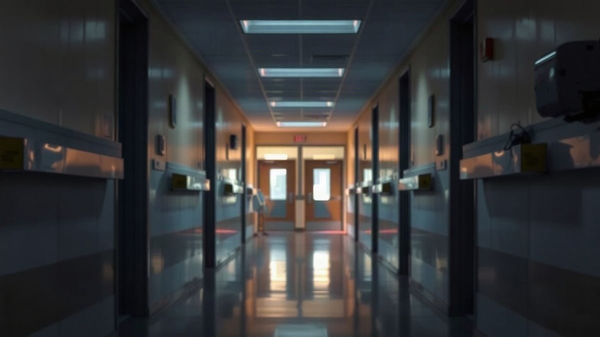 Imagen ilustrativa: pasillo de hospital vacío al atardecer con luz suave al fondo