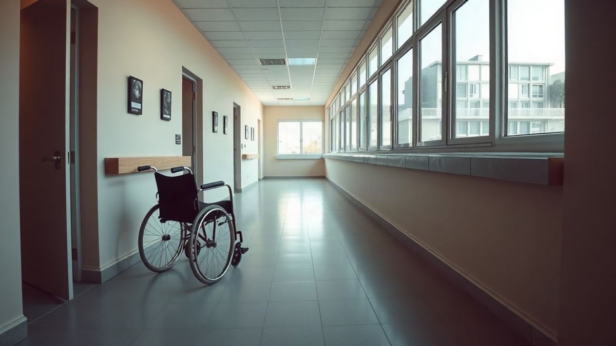Imagen ilustrativa: pasillo de una residencia de mayores con luz natural y una silla de ruedas vacía
