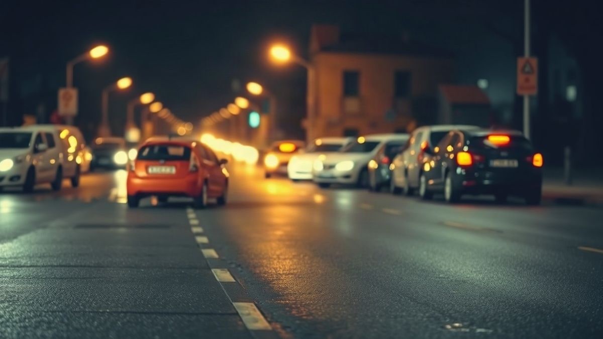 Illustrative image: an urban street at night illuminated by streetlights, with wet asphalt and parked cars in the background.