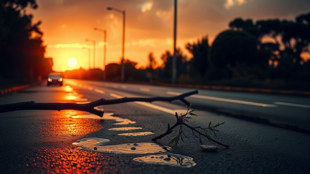 Illustrative image: wet street from rain at sunset, with long shadows and a fallen branch in the foreground