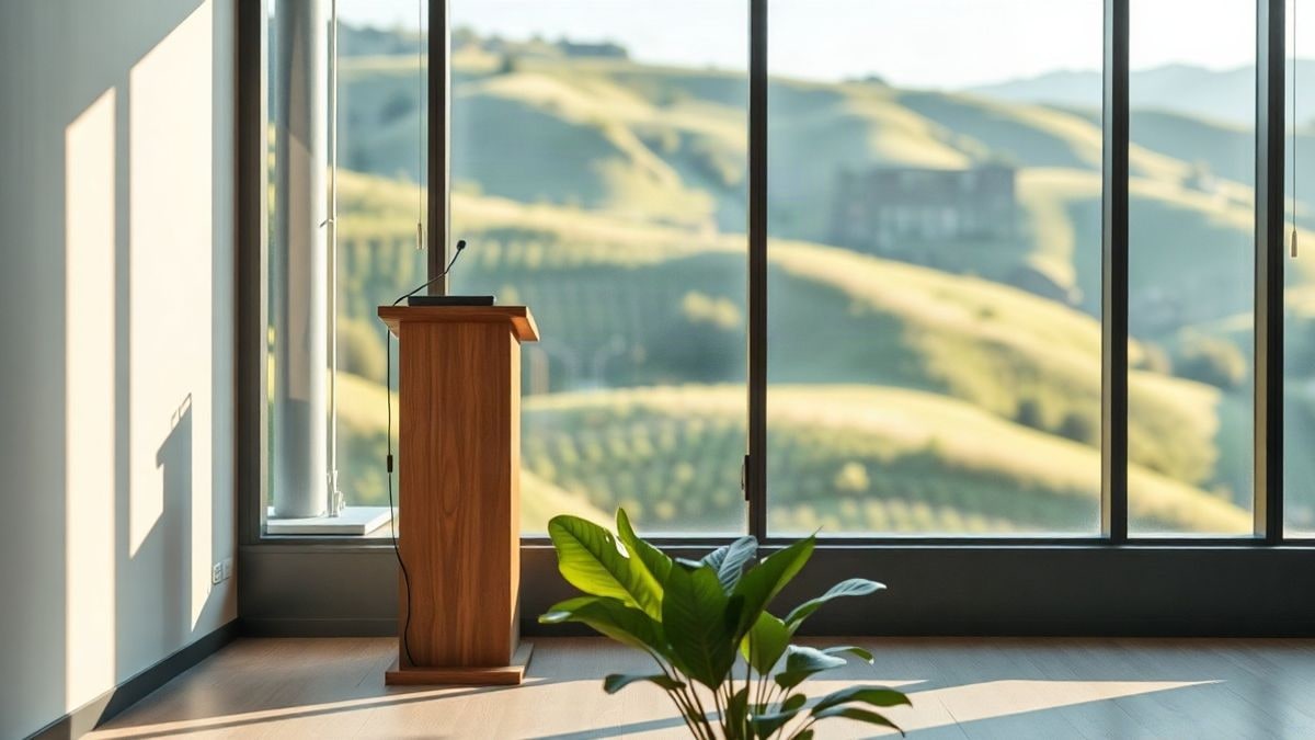 Imagen ilustrativa: sala de conferencias vacía con un atril de madera junto a una ventana de luz lateral
