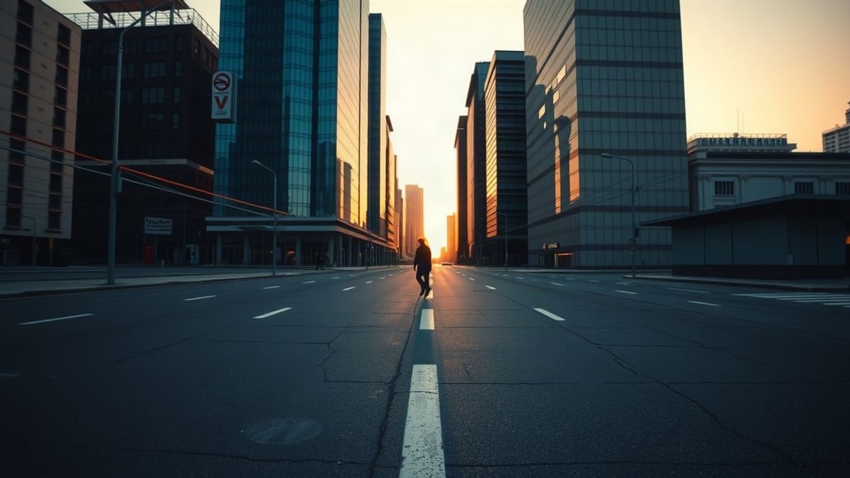 Imagen ilustrativa: figura solitaria caminando por un distrito financiero vacío al atardecer