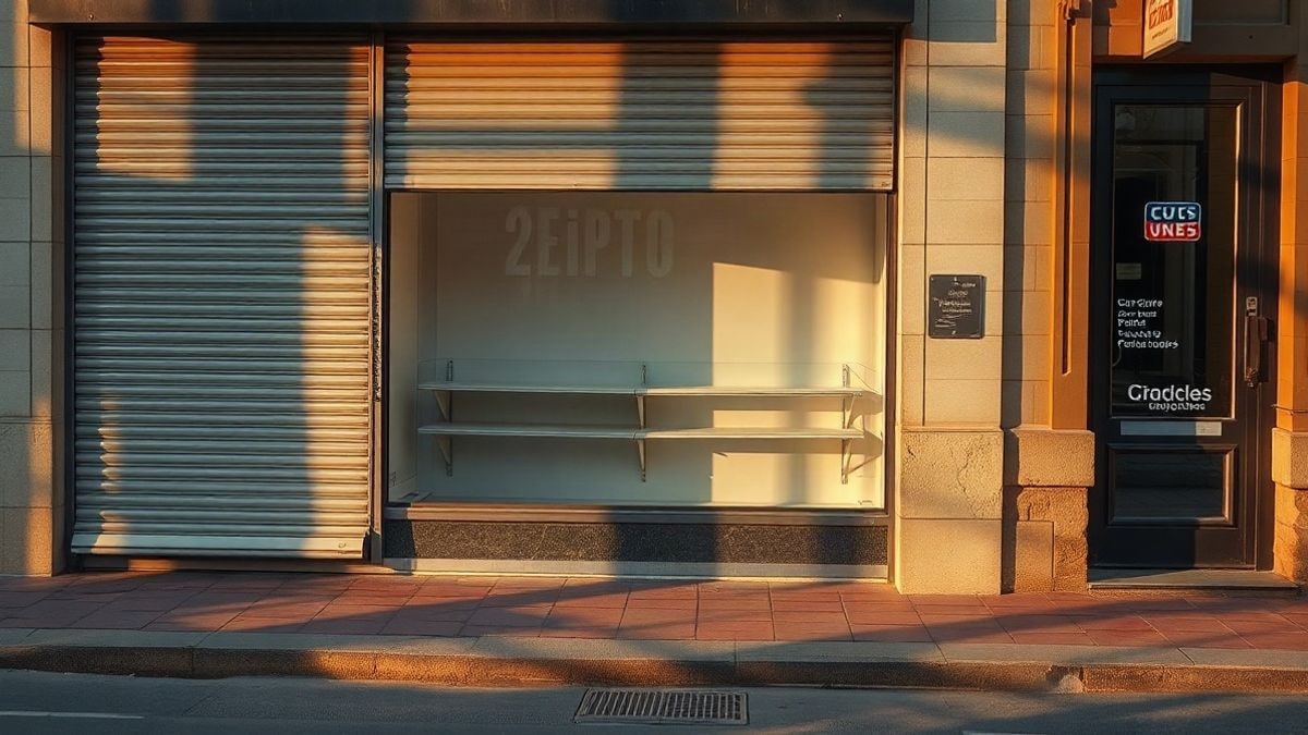 Imagen ilustrativa: local comercial cerrado con la persiana metálica medio bajada en una calle al atardecer