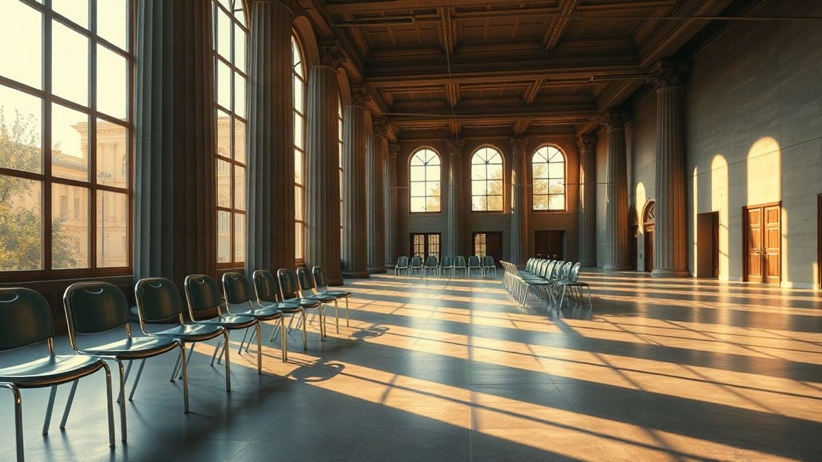 Imagen ilustrativa: gran angular de un salón institucional vacío con columnas y filas de sillas