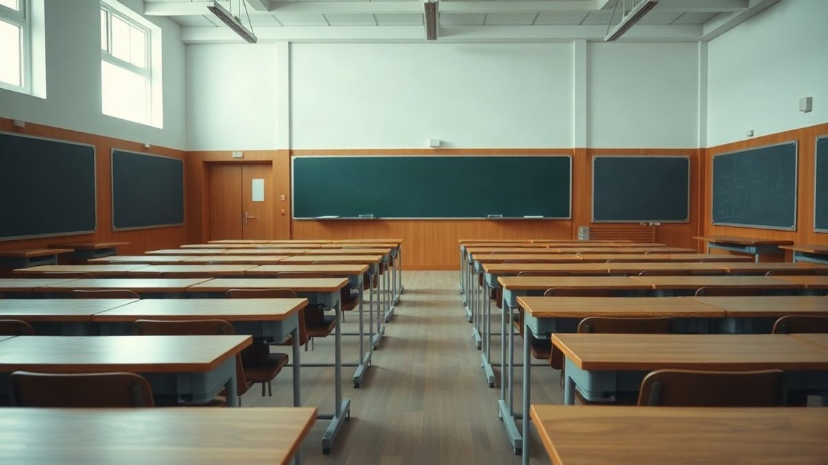 Imagen ilustrativa: aula universitaria vacía con pupitres de madera y pizarra al fondo