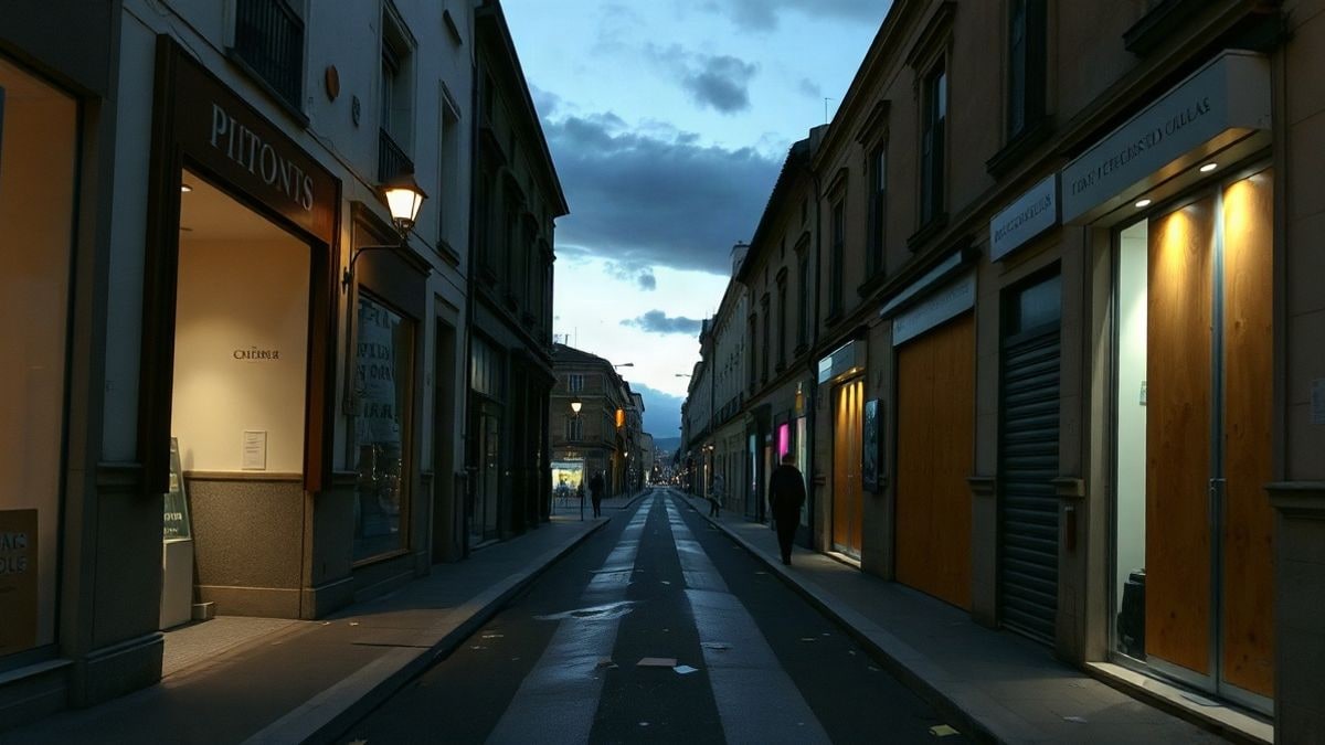 Illustrative image: urban street at sunset with shop windows protected by wooden boards and perspective lines