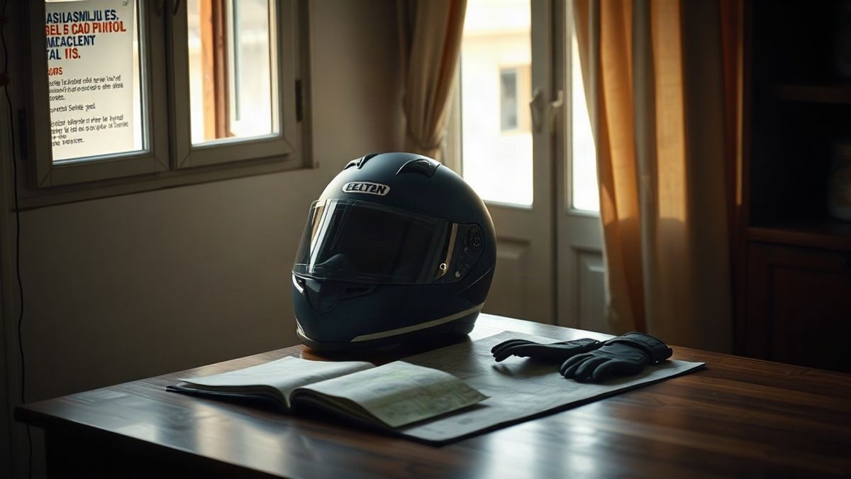 Illustrative image: motorcycle helmet on a table next to a map and gloves, with side light from a window
