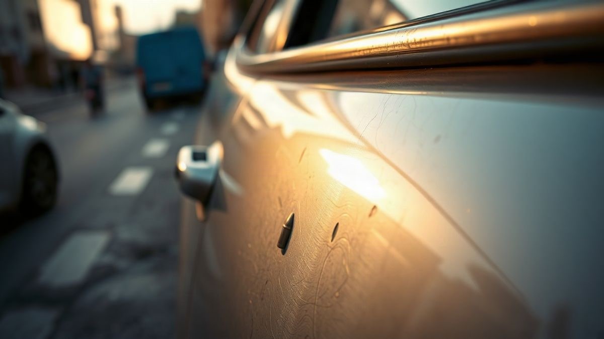 Imagen ilustrativa: detalle de la carrocería metálica de un coche con un pequeño impacto de bala, iluminado por luz de atardecer