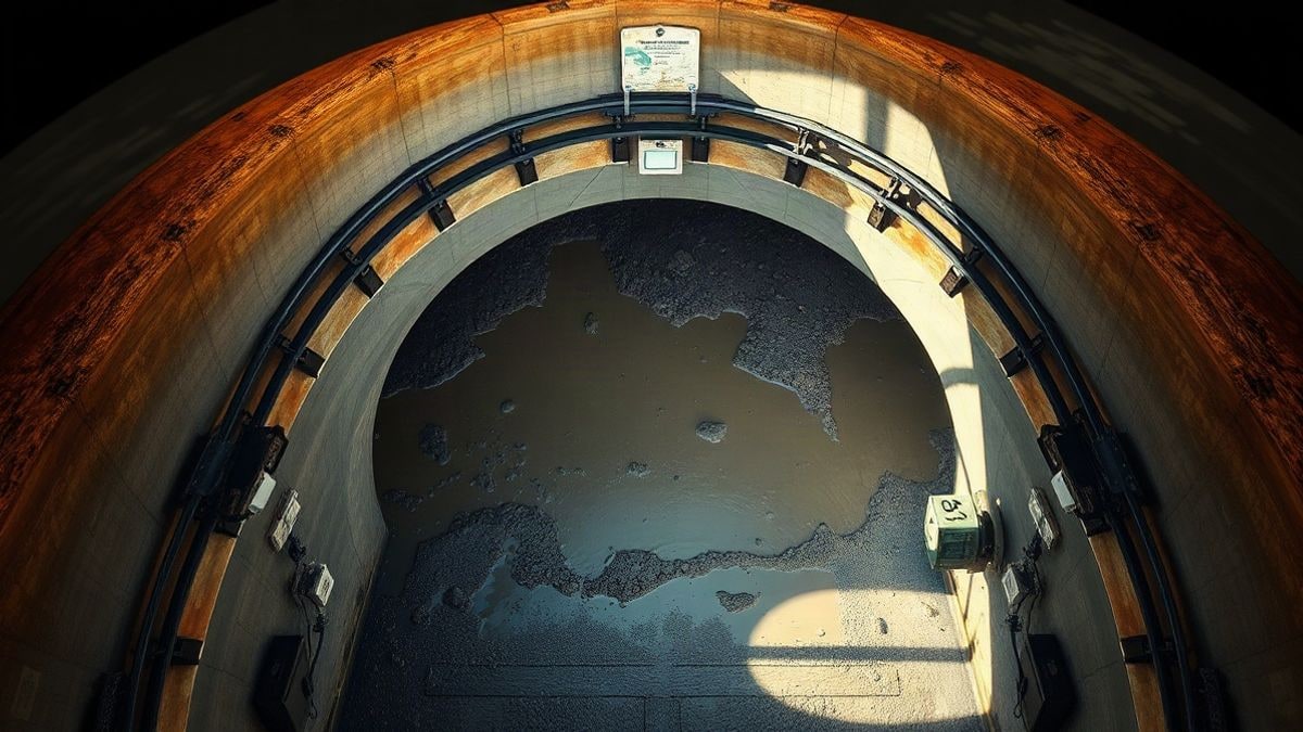 Illustrative image: overhead view of a flooded railway tunnel with pumping equipment and sediment