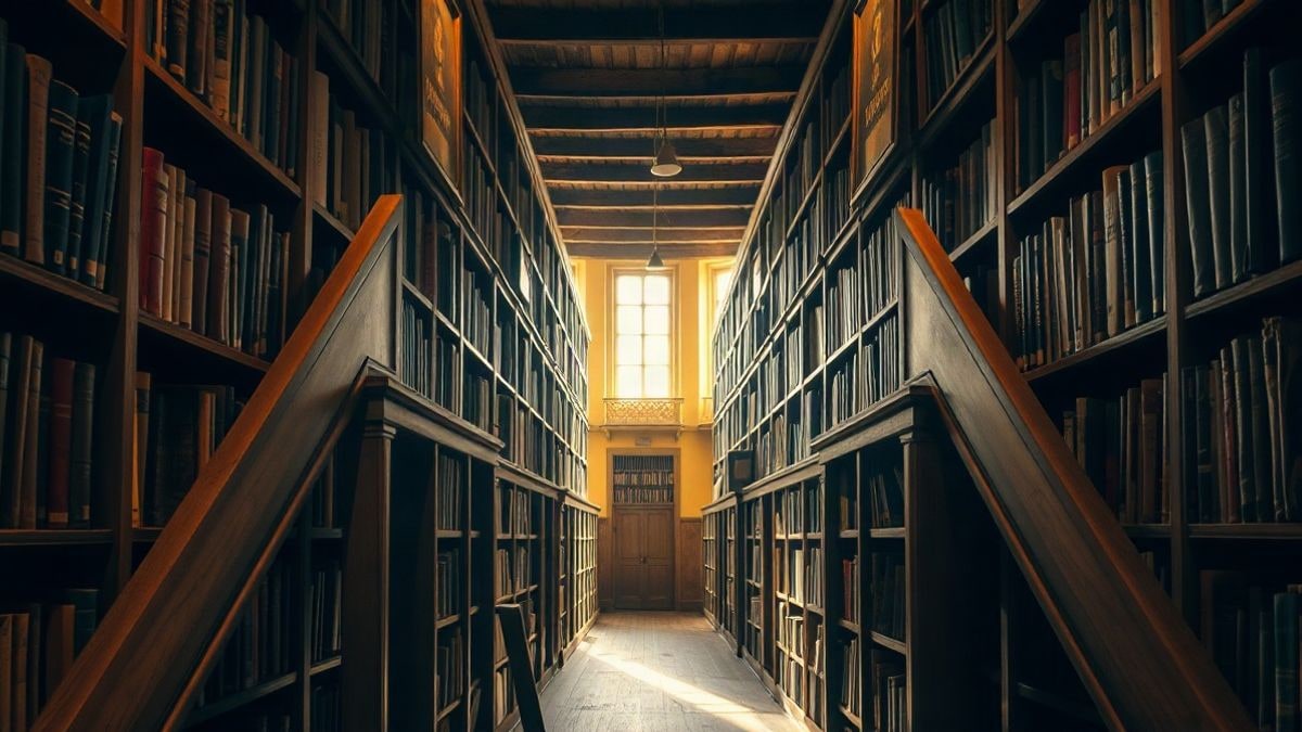 Imagen ilustrativa: pasillo largo de una biblioteca antigua con estanterías de madera llenas de libros, iluminado por luz cálida