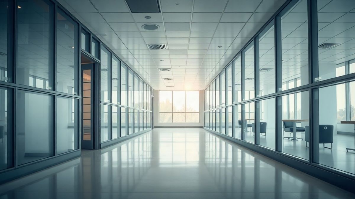 Imagen ilustrativa: pasillo de un laboratorio moderno con líneas que convergen y luz natural