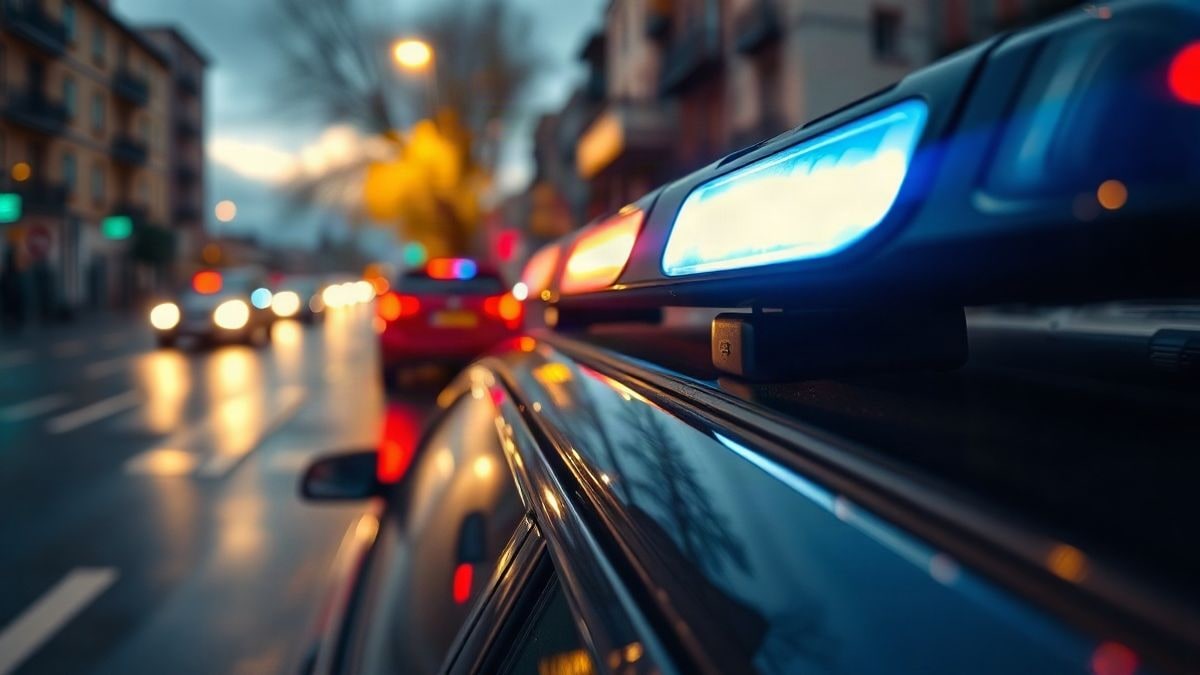 Imagen ilustrativa: detalle de la barra de luces de un vehículo policial reflejada en el asfalto mojado al atardecer