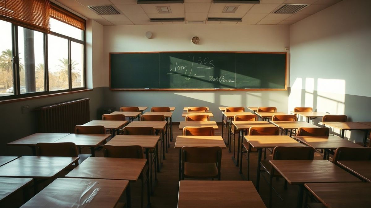 Illustrative image: overhead view of an empty classroom with aligned desks and chairs
