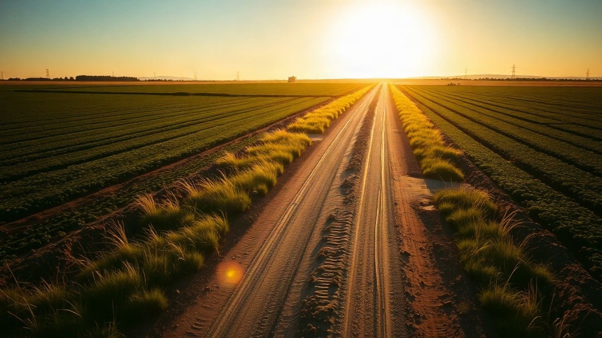 Illustrative image: rural path disappearing between fields at sunset