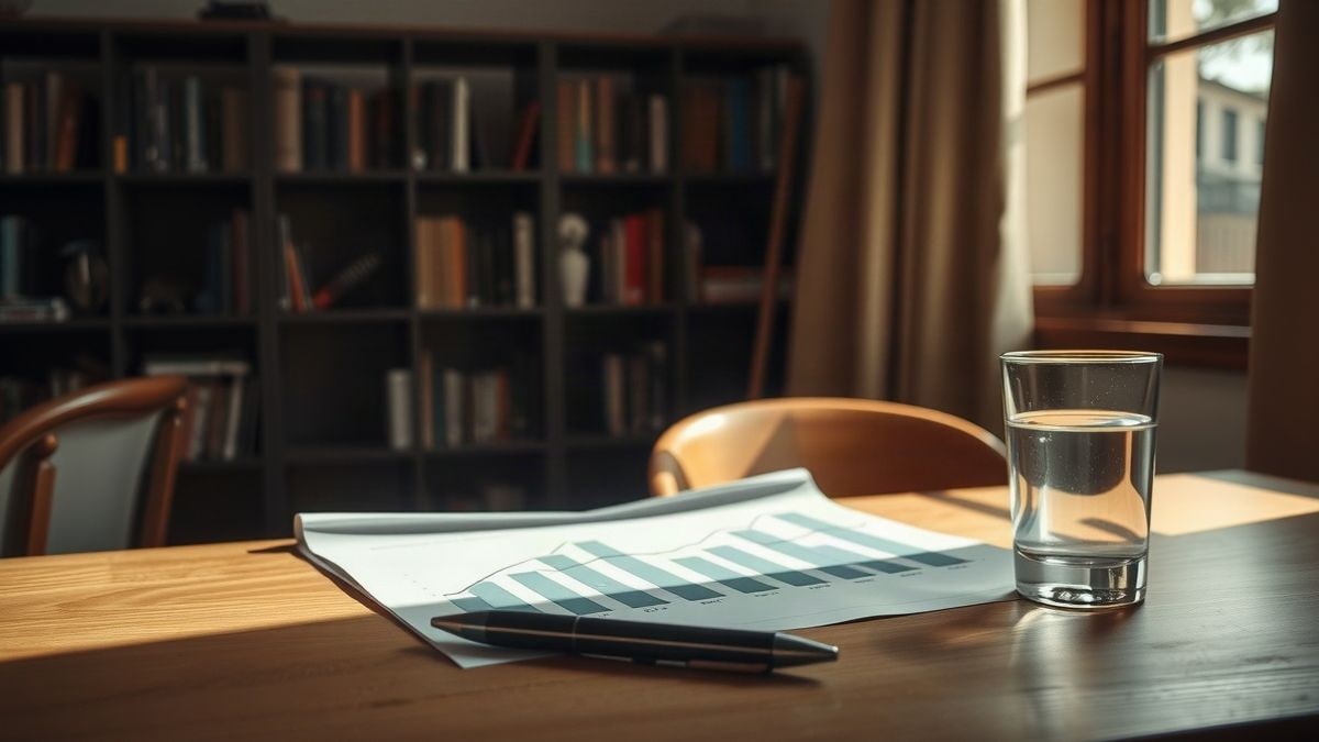 Illustrative image: wooden desk by a window with side light, featuring a folded printed graph and a pen
