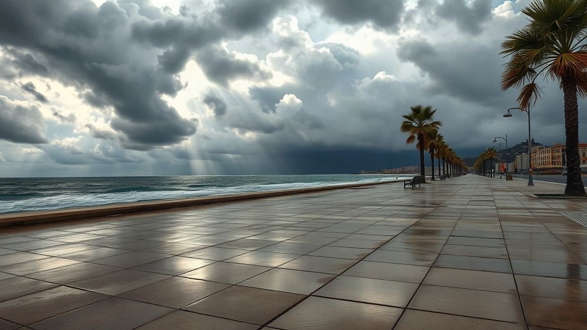 Imagen ilustrativa: paseo marítimo mediterráneo tras la lluvia con nubes grises y rayos de sol sobre el mar