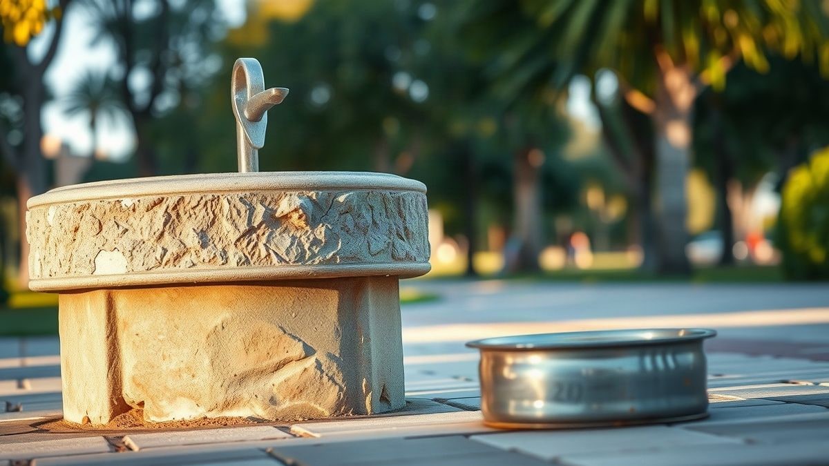 Imagen ilustrativa: fuente de piedra seca y un cuenco vacío para perros en un parque al atardecer