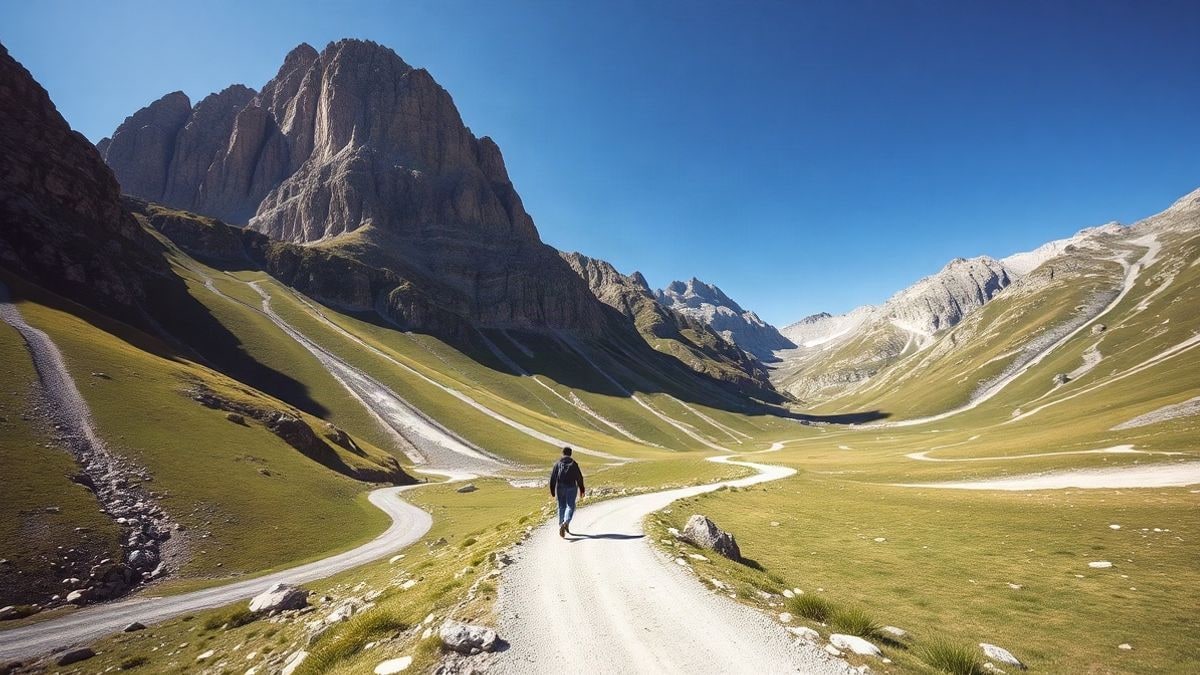Imagen ilustrativa: un paso de montaña pirenaico con una figura solitaria caminando por un sendero