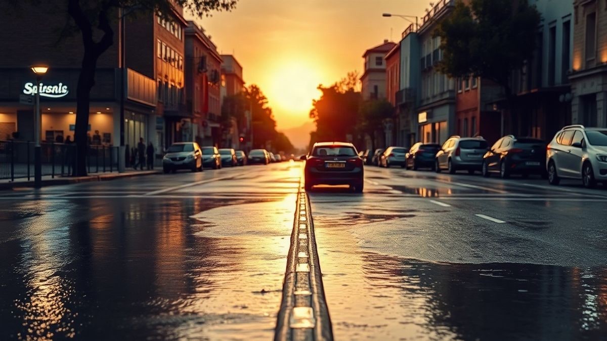 Illustrative image: a flooded street at sunset with long shadows and partially submerged cars