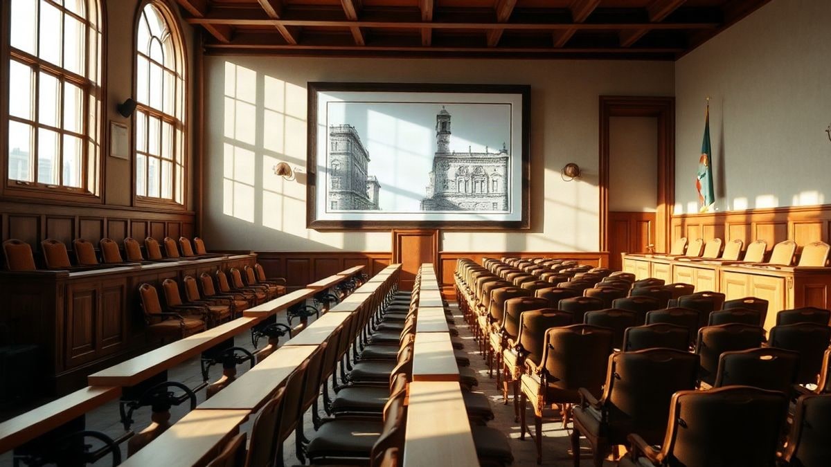Illustrative image: an institutional hall with a podium and architectural plans on the wall, with side window light