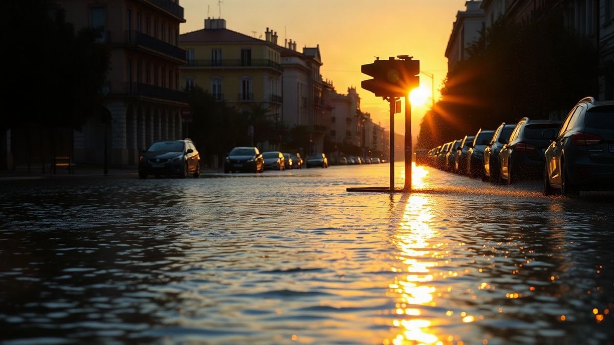 Imagen ilustrativa: calle urbana inundada al atardecer con reflejos del sol y siluetas de farolas