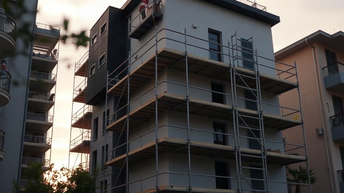 Illustrative image: residential building under construction with scaffolding, natural light at sunset