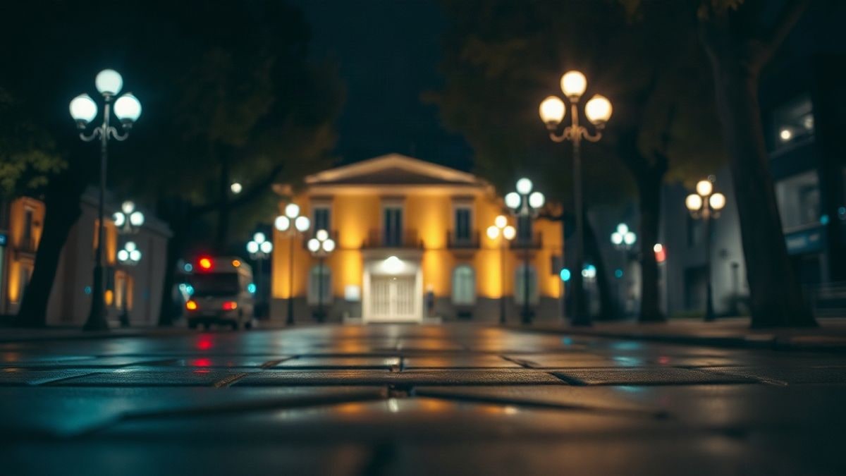Imagen ilustrativa: fachada de un edificio municipal con farolas y luz de neón tenue en una calle nocturna