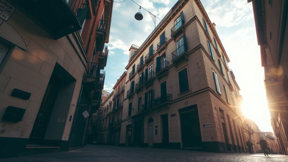 Imagen ilustrativa: calle estrecha de una ciudad europea vista desde el suelo con cielo al fondo