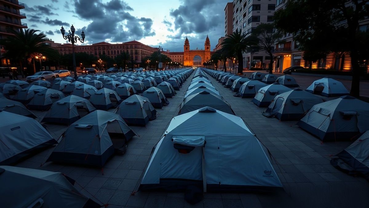 Imagen ilustrativa: una plaza urbana al atardecer con hileras de tiendas de campaña y luces de calle encendidas