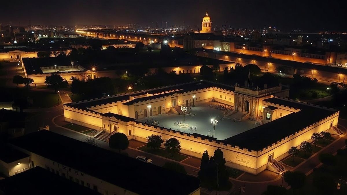 Imagen ilustrativa: vista nocturna de un complejo penitenciario histórico con focos iluminando los muros