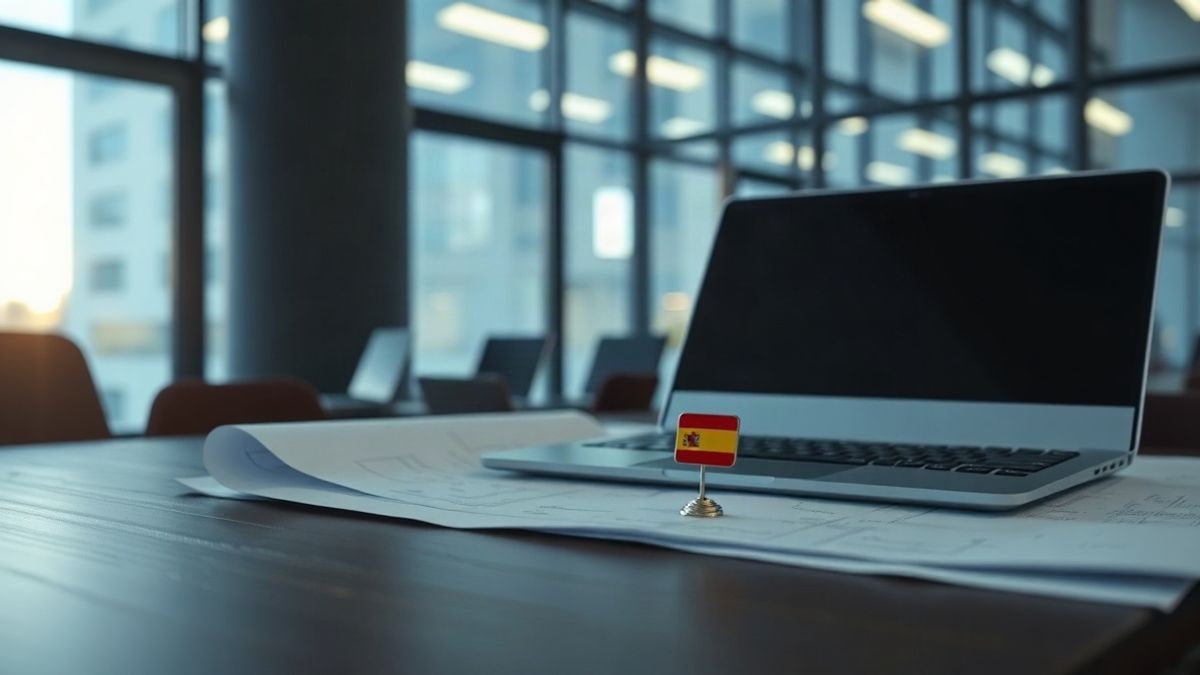 Imagen ilustrativa: detalle de una mesa de oficina con un ordenador portátil y planos, en un entorno corporativo