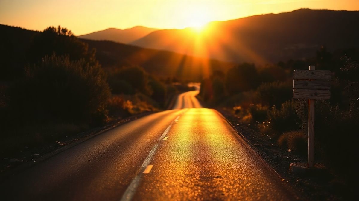 Illustrative image: an empty rural road at sunset, with silhouettes and long shadows from backlighting