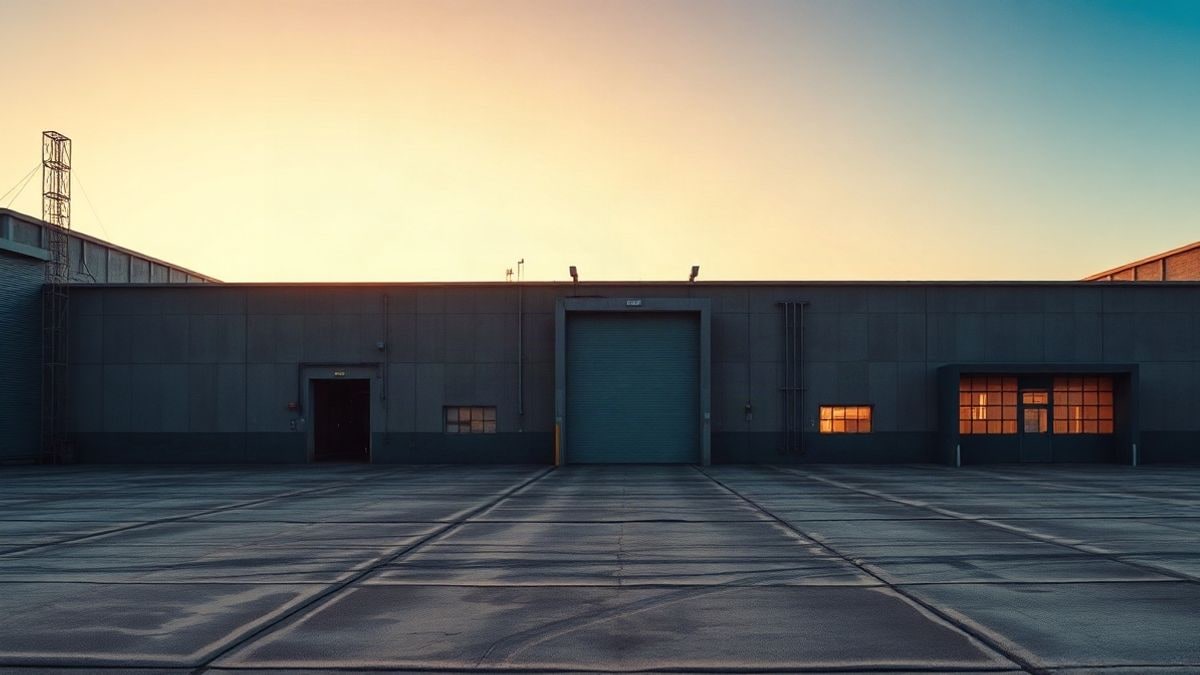 Illustrative image: an empty industrial building at sunset, with a lot of sky and a small off-centre loading door