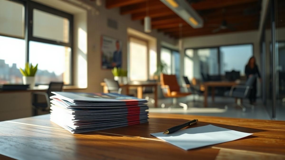Illustrative image: office interior with campaign brochures and materials on a table, side light from a window