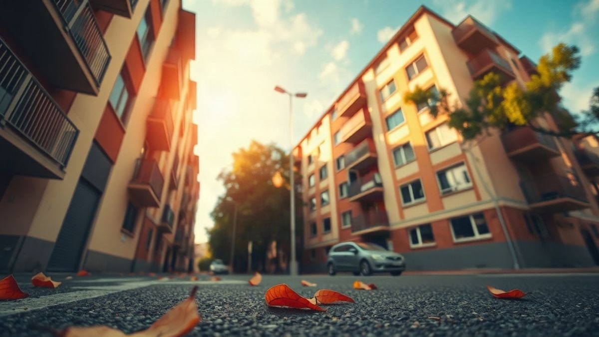 Illustrative image: facade of a residential block illuminated at sunset, viewed from the ground against the sky
