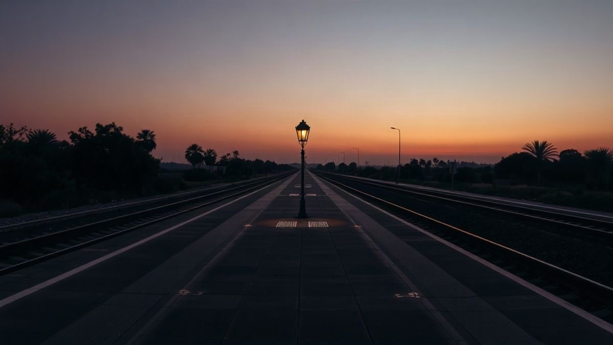 Illustrative image: empty railway platform at sunset, with tracks fading into the distance