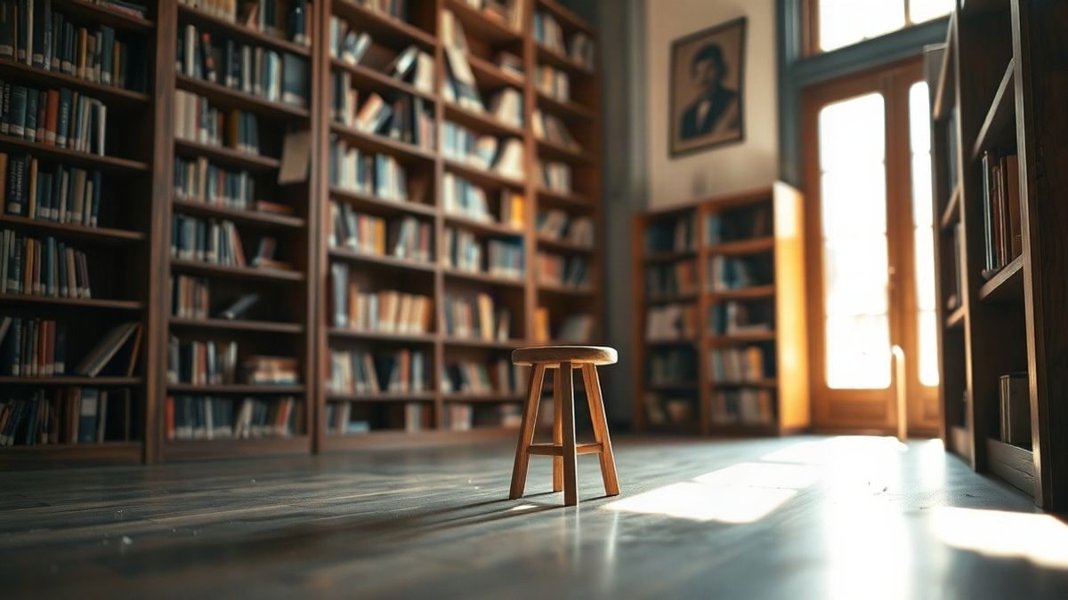 Illustrative image: a corner of a library with a wooden stool under a spotlight and blurred shelves in the background
