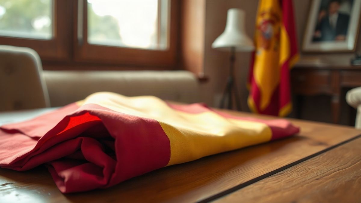 Imagen ilustrativa: primer plano de una bandera doblada sobre una mesa de madera