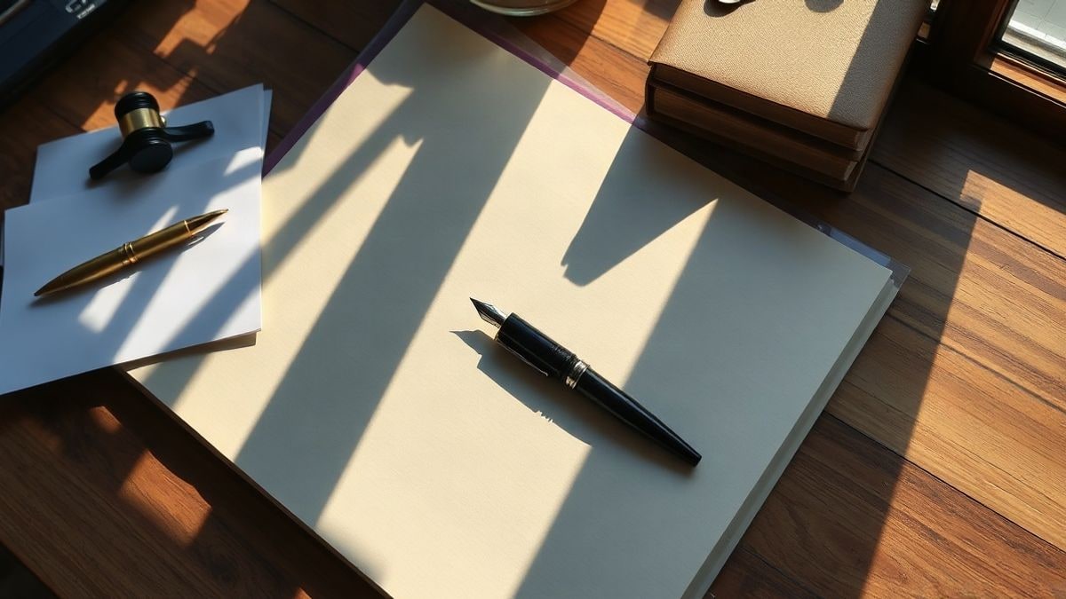 Imagen ilustrativa: escritorio de madera con un expediente abierto, una pluma y un reloj de pulsera bajo luz cálida de tarde